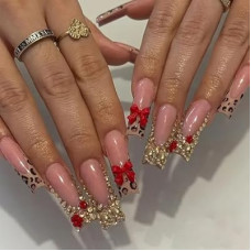 SEMATA Long French Tip Press on Nails Square Acrylic Fake Nails Press Ons with Glue Leopard Pri…