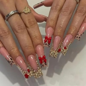 SEMATA Long French Tip Press on Nails Square Acrylic Fake Nails Press Ons with Glue Leopard Pri…