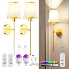 StarLume Battery Operated Wall Sconce Set of 2, LED Rechargeable Gold Wall Lights with 5200mAh Di…
