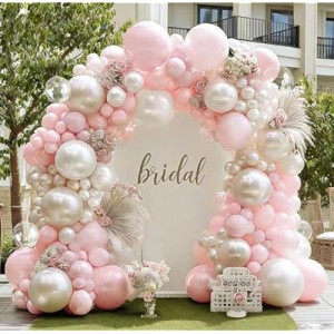 Pink White Balloon Arch Kit with Clear Bobo, Double Stuffed Baby Pastel Pale Pink Pearl Sand White C…