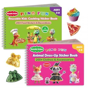 Dino Fun 2-in-1 Reusable Sticker Book for Kids – Animal Dress-Up & Cooking Play, 23 Scenes, 500+ Stick…