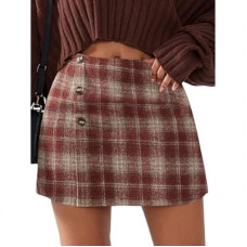EXLURA Womens Faux Wool Plaid Mini Skirt Elastic High Waisted Tweed Skirts Button Bodycon Skirt Fall Wi…