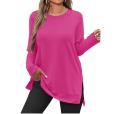 JUSTFASHIONNOW Womens Long Sleeve Tunic Tops to Wear with Leggings Crew Neck Side Split Laye…