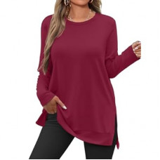 JUSTFASHIONNOW Womens Long Sleeve Tunic Tops to Wear with Leggings Crew Neck Side Split Laye…