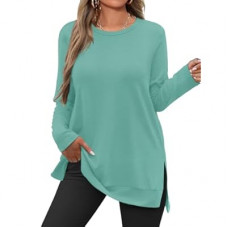 JUSTFASHIONNOW Womens Long Sleeve Tunic Tops to Wear with Leggings Crew Neck Side Split Laye…