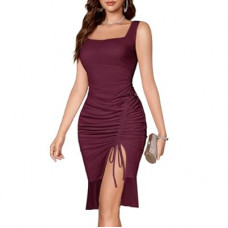 HomRain Mesh Bodycon Dress for Women Square Neck Sexy Ruched Elegant Cocktail Party Midi Dresses