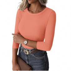 GKBK Womens 3/4 Sleeve Tops Crew Neck Ribbed Slim Fit Tight Shirts Basic Tee Shirt Spring Fashion Clot…