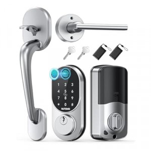 Keyless Entry Door Lock with Handle: NUTOMO Silver Fingerprint Door Lock Set,Smart Door Lock with Han…