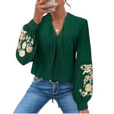 LOOKBOHO Blouses for Women Dressy Casual Embroidered Boho Tops Trendy Puff Long Sleeve Peplu…