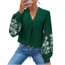 LOOKBOHO Blouses for Women Dressy Casual Embroidered Boho Tops Trendy Puff Long Sleeve Peplu…