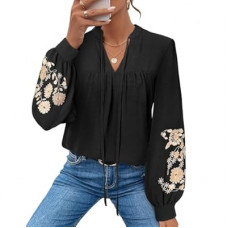LOOKBOHO Blouses for Women Dressy Casual Embroidered Boho Tops Trendy Puff Long Sleeve Peplu…