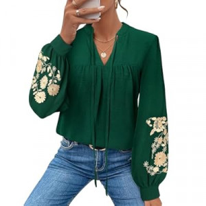 LOOKBOHO Blouses for Women Dressy Casual Embroidered Boho Tops Trendy Puff Long Sleeve Peplu…