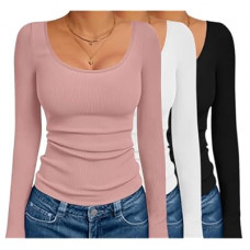 Ekouaer 3 Pack Long Sleeve Shirts for Women Scoop Neck Ribbed Thermal Tops Slim Fit Basic Undershirts XS-…