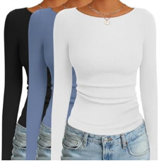 Ekouaer 3 Pack Womens Long Sleeve Shirts Boat Neck Ribbed Thermal Undershirts Lightweight Basic Top…