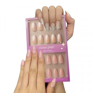 OCEAN PEARL Press On Nails 64pcs Short Almond, Semi-Sheer Nude & Vanilla Cream,Full Cover Fake Nails…
