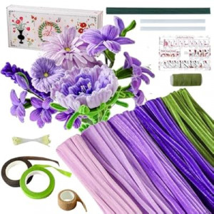 Pipe Cleaners Craft 5 Colors,Chenille Stems Plush Craft Kit,Purple Pipe Cleaners Flowers Kit with Floral Tap…