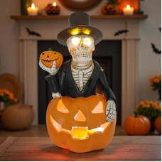 Solar Outdoor Decorations Wizard Skeleton with Pumpkin Figurine Lights, Fall Pumpkin Garden Decor f…