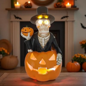 Solar Outdoor Decorations Wizard Skeleton with Pumpkin Figurine Lights, Fall Pumpkin Garden Decor f…
