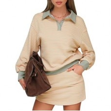 EXLURA Womens Two Piece Sets Cotton Striped Sweatshirt Matching Skirt Skort Tennis Vacation Cruise…