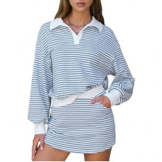 EXLURA Womens Two Piece Sets Cotton Striped Sweatshirt Matching Skirt Skort Tennis Vacation Cruise…