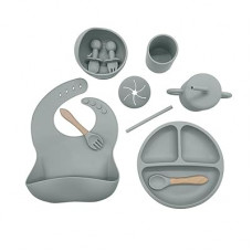 Silicone Baby Feeding Set Moon Gray Infant Tableware Collection with Bib Suction Bowl Utensils Straw Cup Sn…