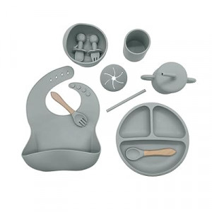 Silicone Baby Feeding Set Moon Gray Infant Tableware Collection with Bib Suction Bowl Utensils Straw Cup Sn…
