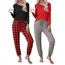 Frcdaunrs 2 Pack Womens Pajama Sets Long Sleeve Sleepwear Matching Pjs Set V Neck Loungewear with Po…