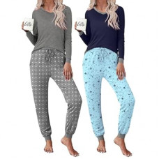 Frcdaunrs 2 Pack Womens Pajama Sets Long Sleeve Sleepwear Matching Pjs Set V Neck Loungewear with Po…