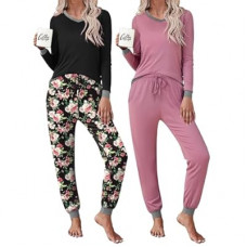 Frcdaunrs 2 Pack Womens Pajama Sets Long Sleeve Sleepwear Matching Pjs Set V Neck Loungewear with Po…