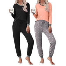 Frcdaunrs 2 Pack Womens Pajama Sets Long Sleeve Sleepwear Matching Pjs Set V Neck Loungewear with Po…
