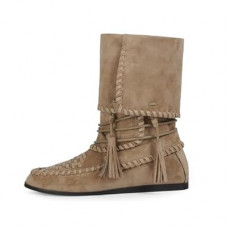 QIY Suede Boots with Woven Details, Tassels and Fold-Over Cuff, Casual Comfortable Slouchy Flat Boots for…