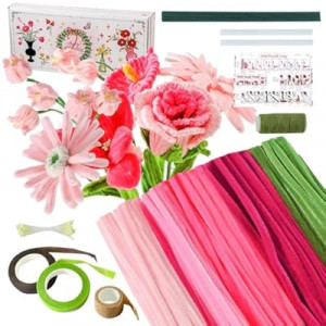 Pipe Cleaners Craft 5 Colors,Chenille Stems Plush Craft Kit,Pink Pipe Cleaners Flowers Kit with Floral Tap…