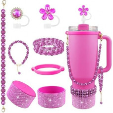 Hpebl 9PCS Fuchsia of Stanley Cup Accessories Set 30/40 OZ Bling Pearl Rhinestones Charms…