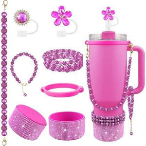 Hpebl 9PCS Fuchsia of Stanley Cup Accessories Set 30/40 OZ Bling Pearl Rhinestones Charms…