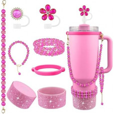 Hpebl 9PCS Hot Pink of Stanley Cup Accessories Set 30/40 OZ Bling Pearl Rhinestones Charms…