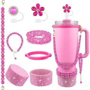 Hpebl 9PCS Hot Pink of Stanley Cup Accessories Set 30/40 OZ Bling Pearl Rhinestones Charms…