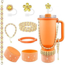 Hpebl 9PCS Orange of Stanley Cup Accessories Set 30/40 OZ Bling Pearl Rhinestones Charms…