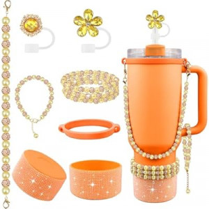 Hpebl 9PCS Orange of Stanley Cup Accessories Set 30/40 OZ Bling Pearl Rhinestones Charms…
