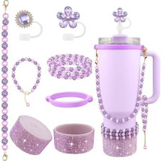 Hpebl 9PCS Purple of Stanley Cup Accessories Set 30/40 OZ Bling Pearl Rhinestones Charms for S…