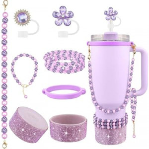 Hpebl 9PCS Purple of Stanley Cup Accessories Set 30/40 OZ Bling Pearl Rhinestones Charms for S…