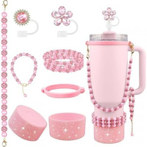 Hpebl 9PCS Pink of Stanley Cup Accessories Set 30/40 OZ Bling Pearls Rhinestones Charms for…