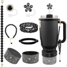 Hpebl 9PCS Black of Stanley Cup Accessories Set 30/40 OZ Bling Pearl Rhinestones Charms for S…