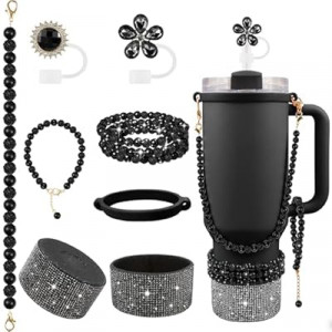 Hpebl 9PCS Black of Stanley Cup Accessories Set 30/40 OZ Bling Pearl Rhinestones Charms for S…