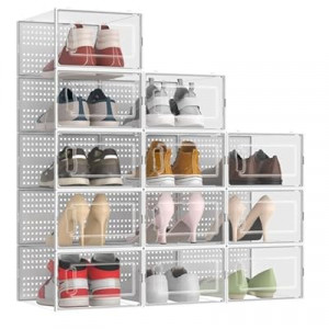 12 Pack XX-Large Modular Clear Plastic Stackable Shoe Storage Organizer for Closet, Space Saving…