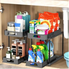 Under Sink Organizers and Storage, 2 Pack Large Capacity Heavy Load Double Pull-out Under Sink Shelves…