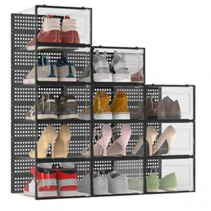 12 Pack XX-Large Modular Clear Plastic Stackable Shoe Storage Organizer for Closet, Space Saving…