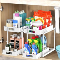 Under Sink Organizers and Storage, 2 Pack Large Capacity Heavy Load Double Pull-out Under Sink Shelves…