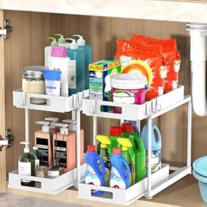 Under Sink Organizers and Storage, 2 Pack Large Capacity Heavy Load Double Pull-out Under Sink Shelves…