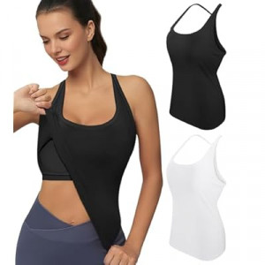 ZYQEXA Workout Tank Tops for Women with Built in Bra, Loose Sleeveless Gym Tops Seamless Race…
