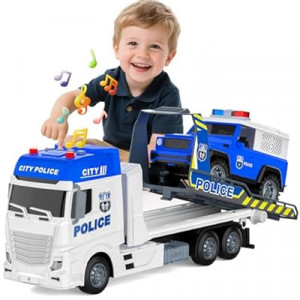 21.2'' Semi Police Truck Toy for 3 4 5 Years Old Boys - With Racing Car and Police Car, Friction Powered Transp…